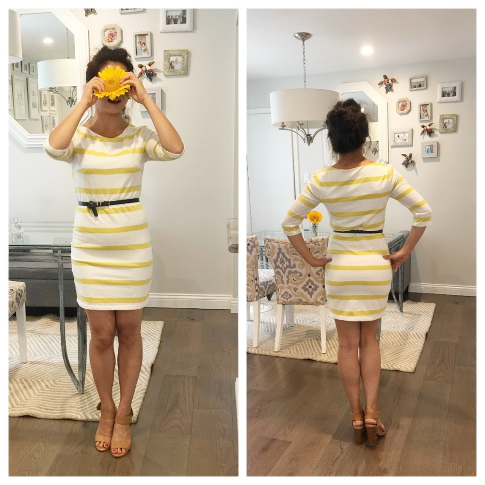 Yellow Stripes White Dress Long Sleeves